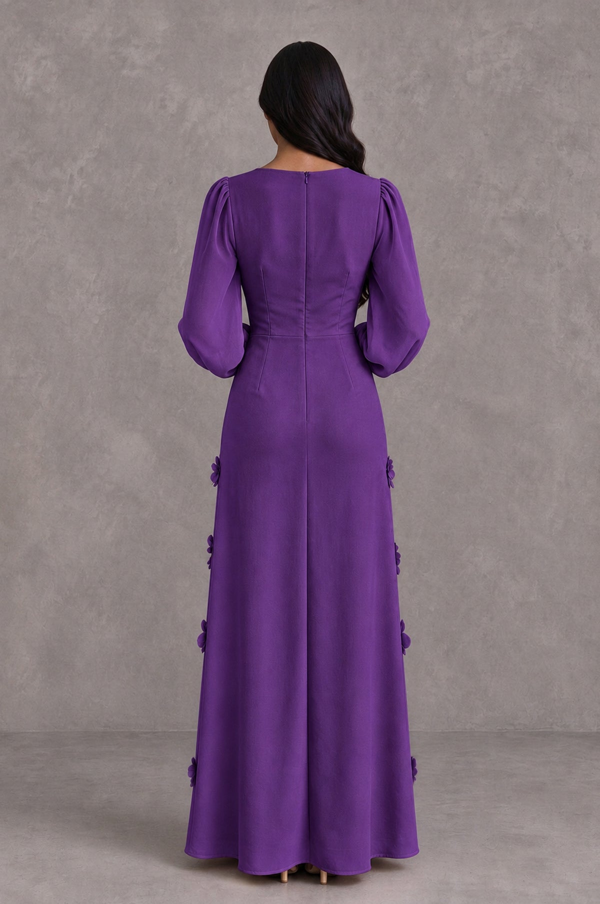 BOLODOO Purple Long Sleeve Floral Applique A-Line Evening Dress - Purple - Purple_2