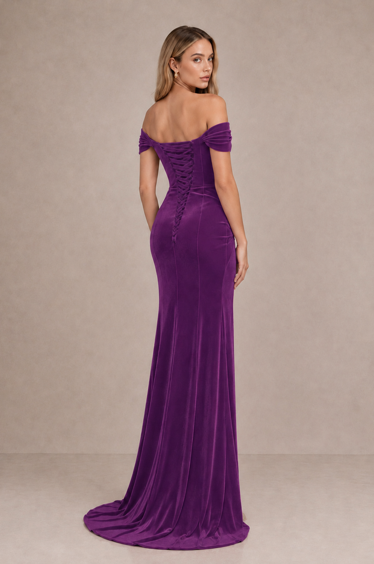 BOLODOO Purple Velvet Off-Shoulder Ruched High Slit Evening Dress - Purple - Purple_2