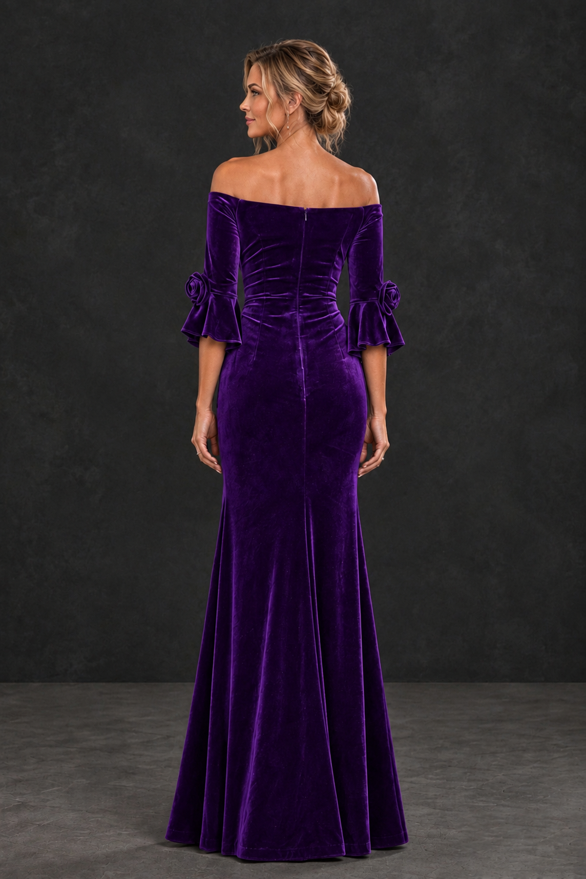 BOLODOO Purple Velvet Off-Shoulder Mother of the Bride Dress – 3/4 Floral Cuff Sleeve Mermaid Evening Gown - Purple - Purple_2