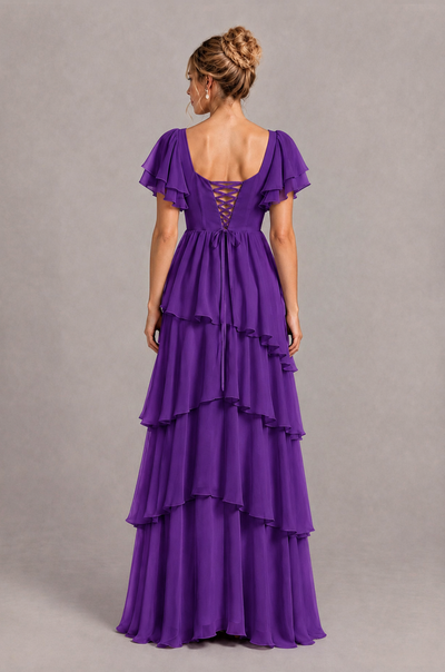 BOLODOO Purple Square Neck Flutter Sleeve Tiered Chiffon Bridesmaid Dress with Lace-Up Back - Purple - Purple_2
