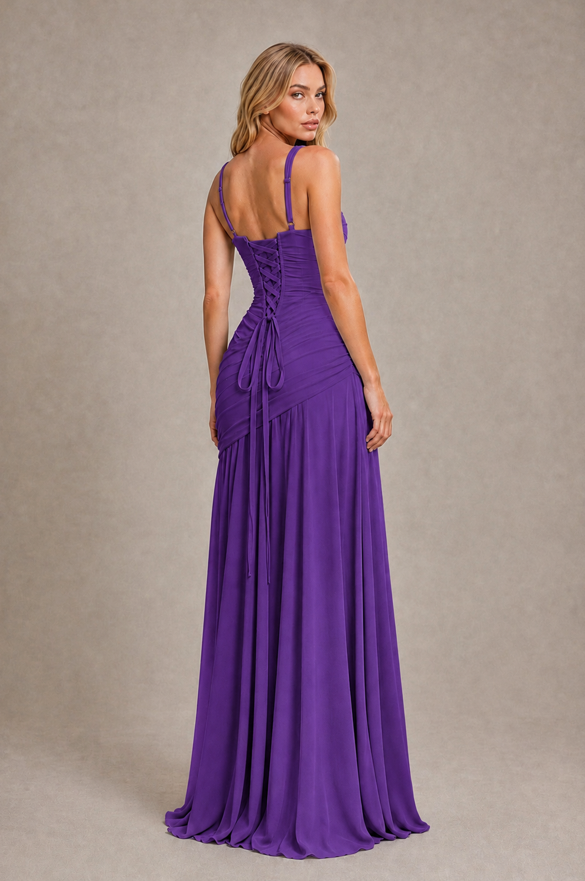 BOLODOO Purple Spaghetti Strap Ruched Maxi Dress – Formal Evening Gown with Slit - Purple - Purple_2