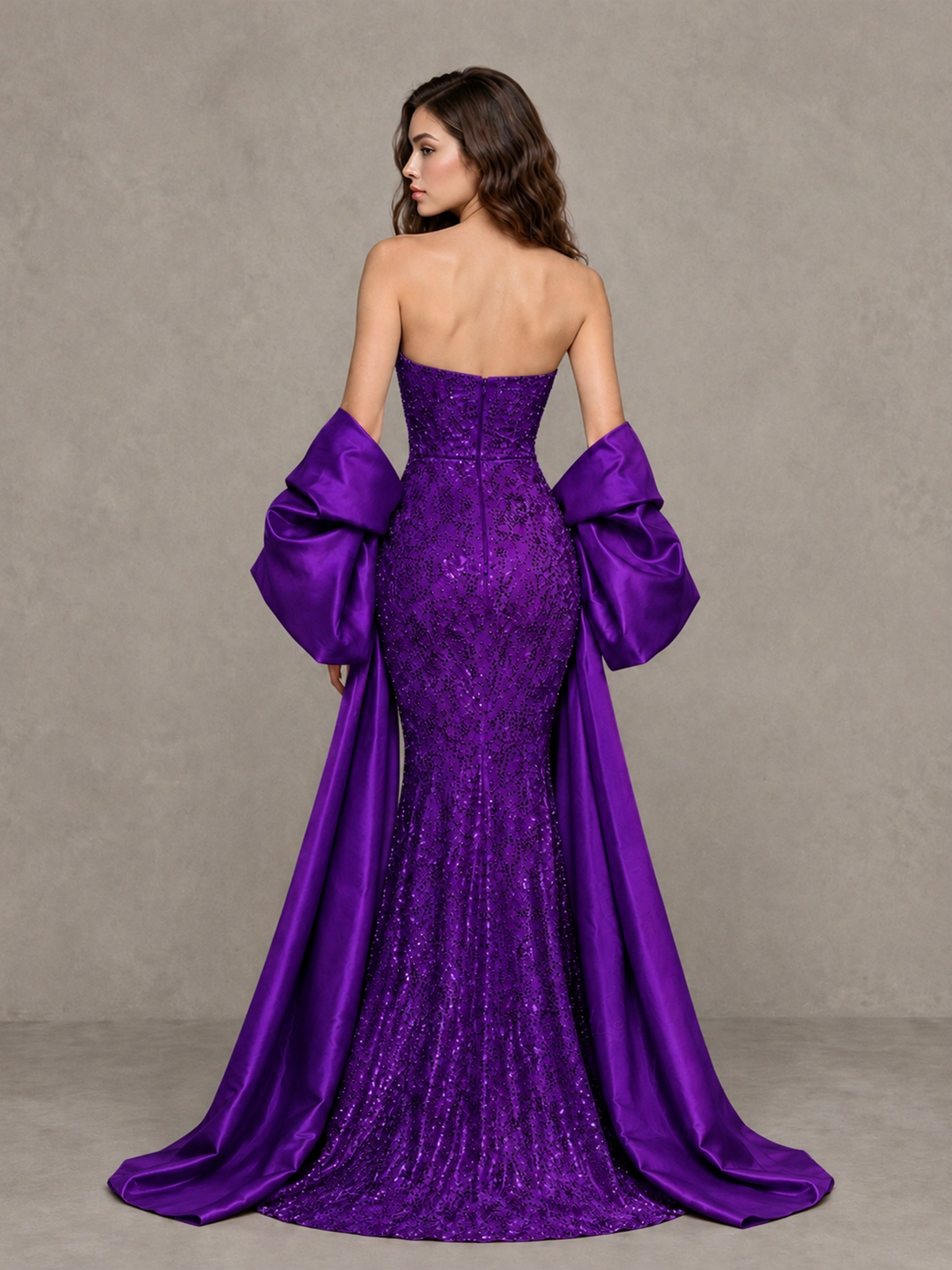 BOLODOO Purple Strapless Sparkle Mermaid Prom Dress with Front Slit and Draped Sleeves - Purple - Purple_2