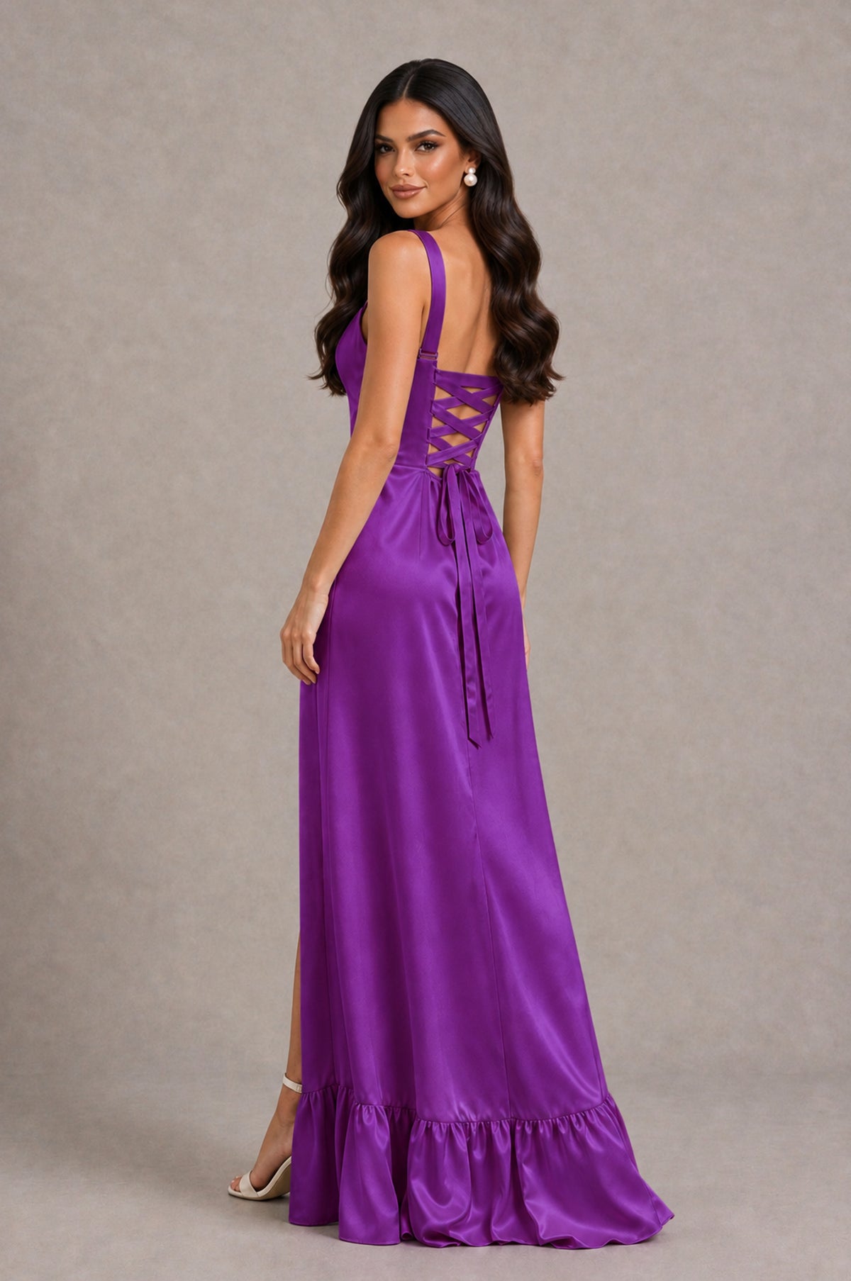 BOLODOO Purple Square Neck Satin Evening Dress with Lace-Up Back and High Slit - Purple - Purple_2