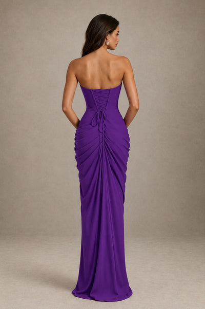 BOLODOO Strapless Draped Maxi Dress - Purple Backless Evening Gown with High Slit - Purple - Purple_2