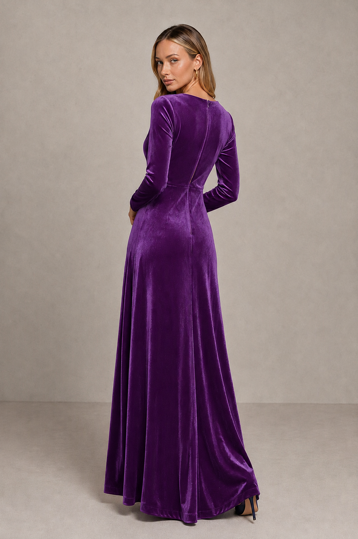 BOLODOO Purple Velvet Long Sleeve V-Neck Ruched Evening Dress - Purple - Purple_2
