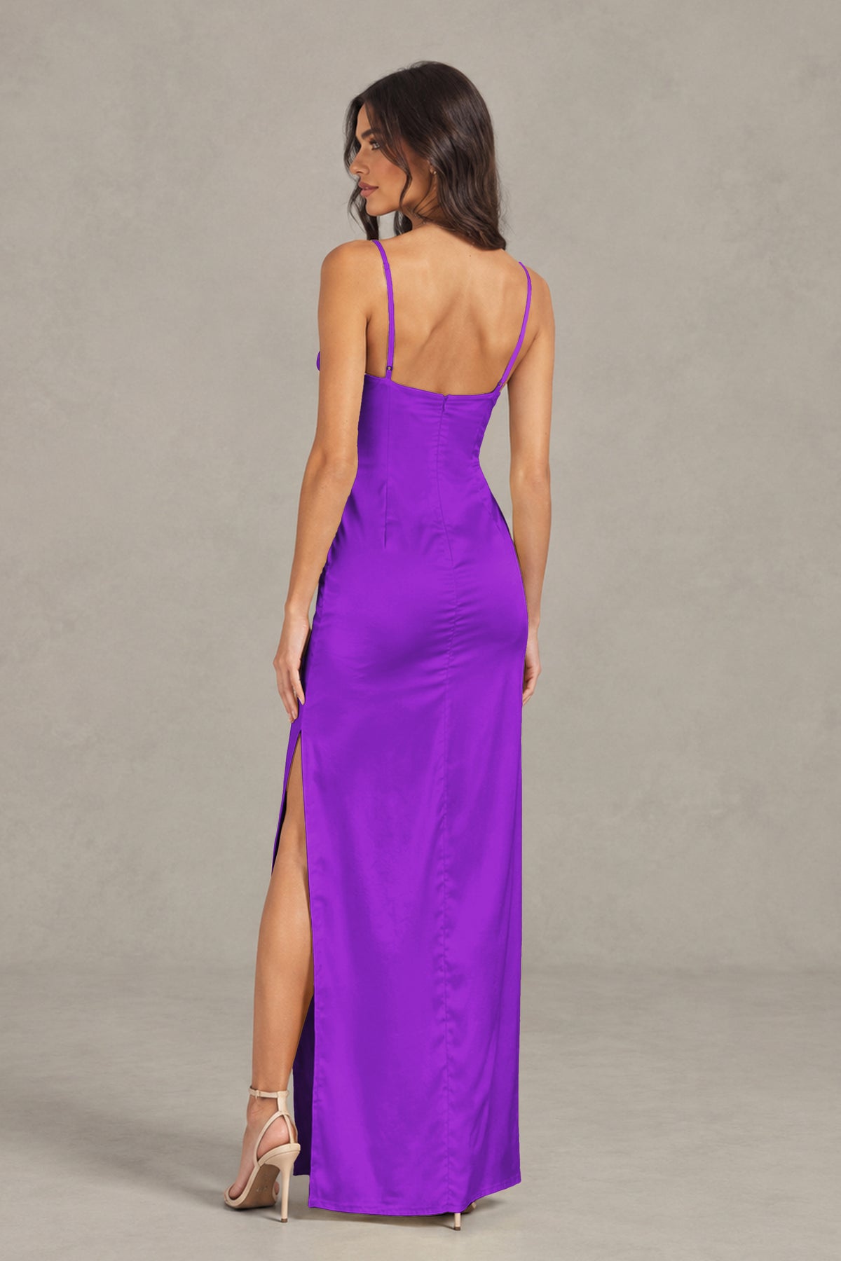 BOLODOO Purple Satin Cowl Neck Open Back Mermaid Maxi Dress with Side Slit - Purple