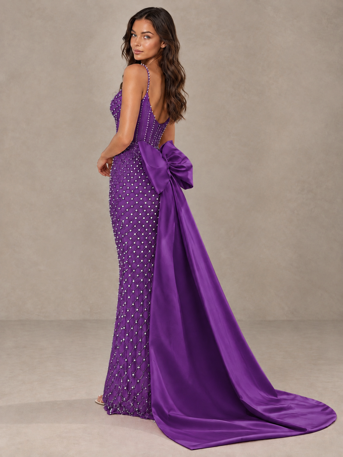 BOLODOO Purple Beaded Corset Prom Dress with Bow Train - Purple - Purple_2