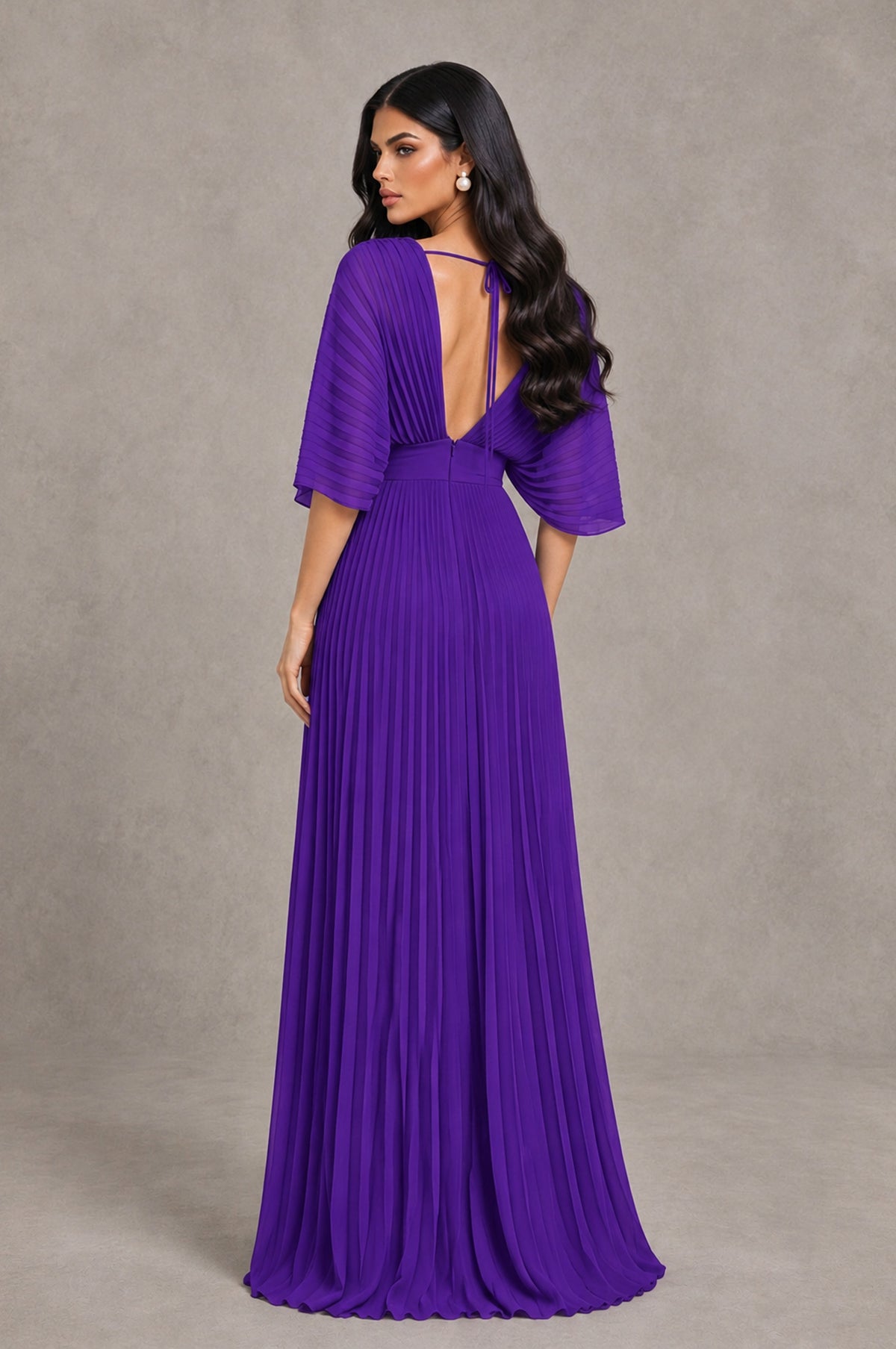 BOLODOO Purple V-Neck Pleated Flutter Sleeve Formal Dress - Purple - Purple_2