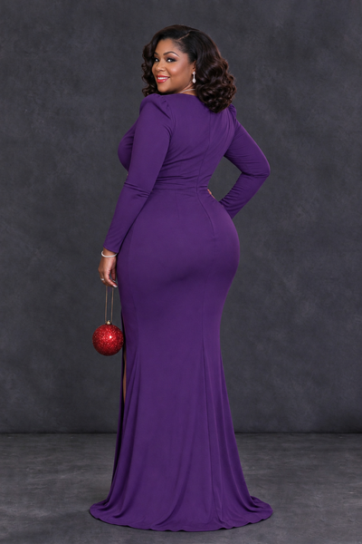 BOLODOO Purple Plus Size Long Sleeve V-Neck Mother of the Bride Dress with Slit - Purple - Purple_2