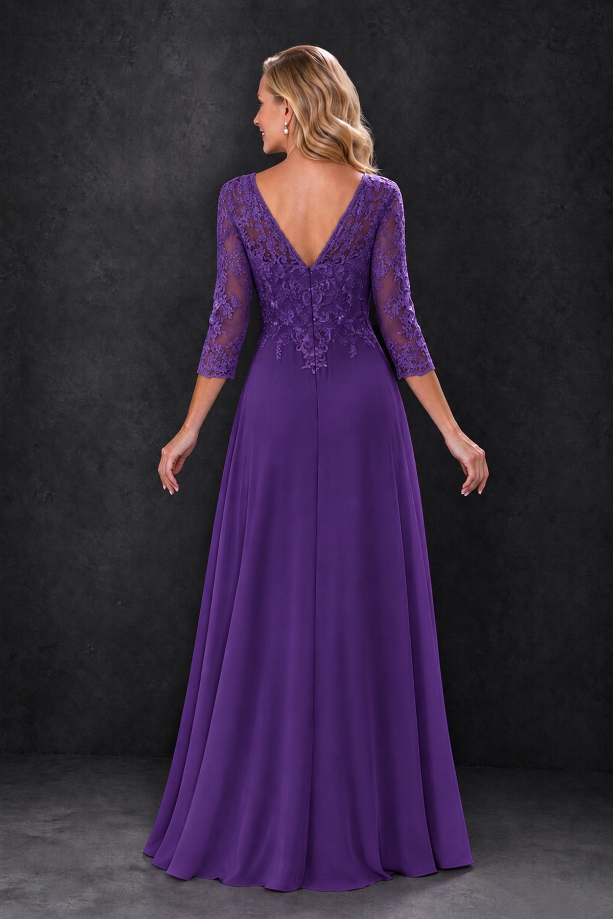 BOLODOO Purple Lace Embroidered Mother of the Bride Dress with 3/4 Sleeves - Purple - Purple_2