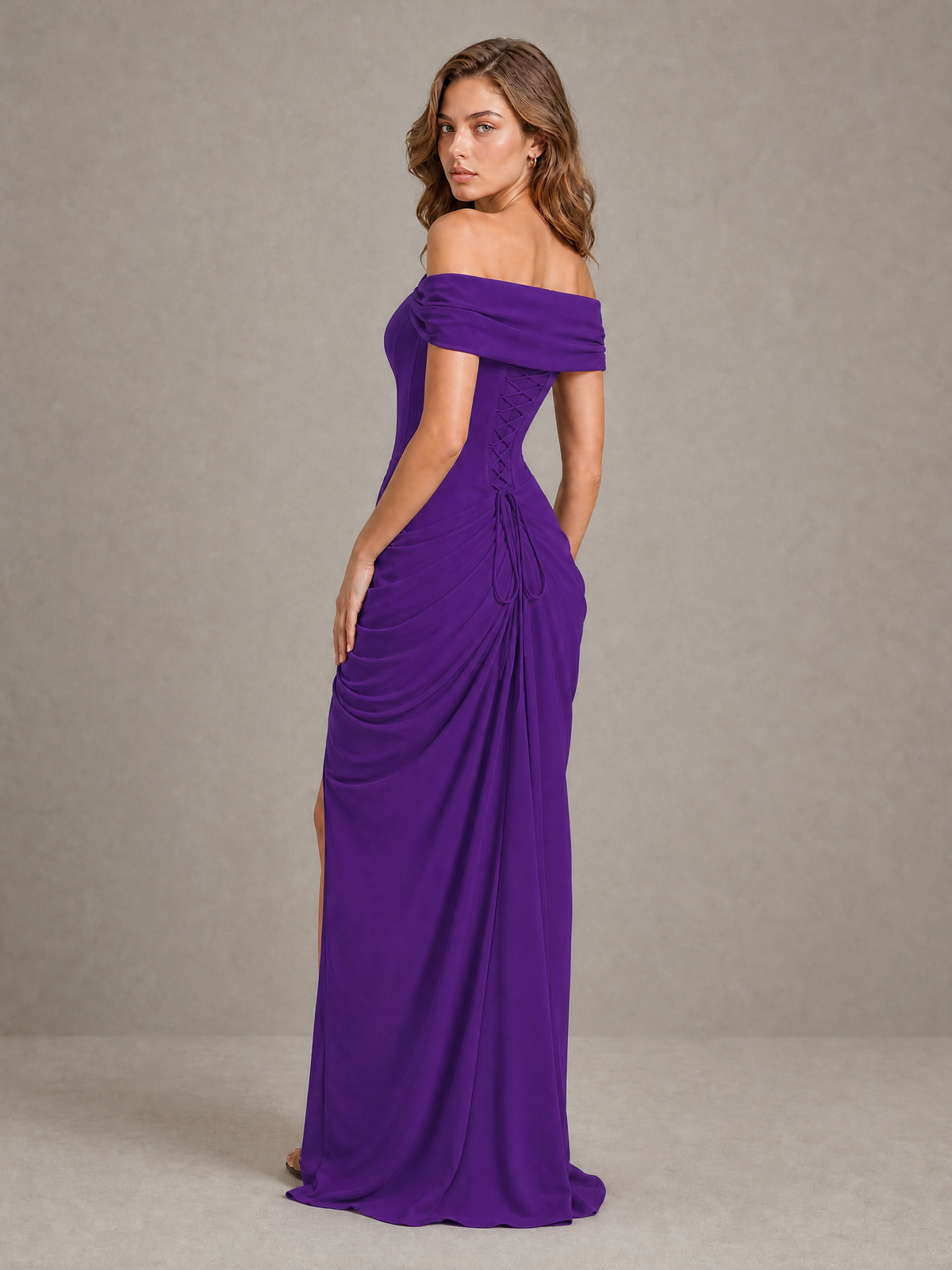BOLODOO Purple Off-Shoulder Ruched Corset Wedding Guest Dress with Slit - Purple - Purple_2