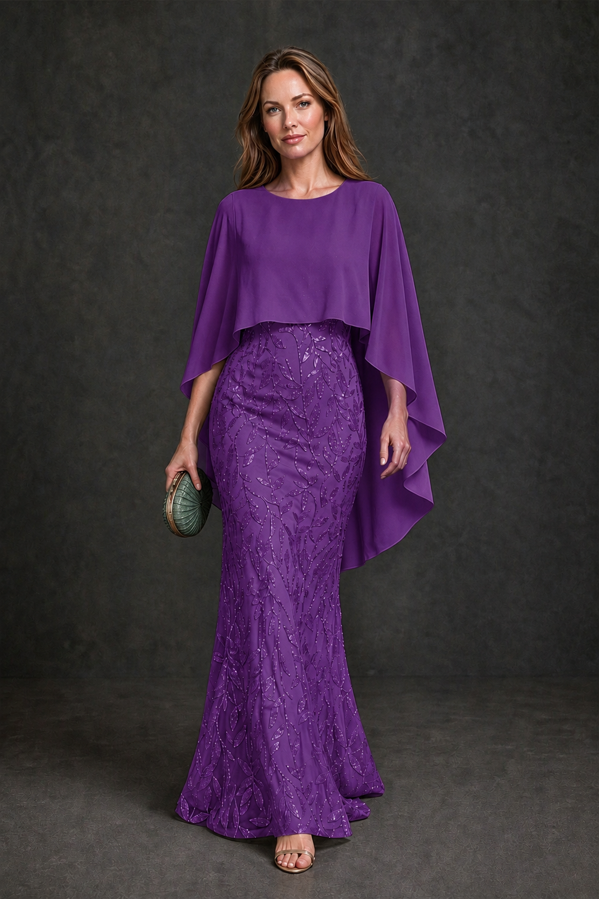 BOLODOO Purple Round Neck Chiffon Cape Overlay Sequin Lace Mermaid Maxi Dress - Purple - Purple_2