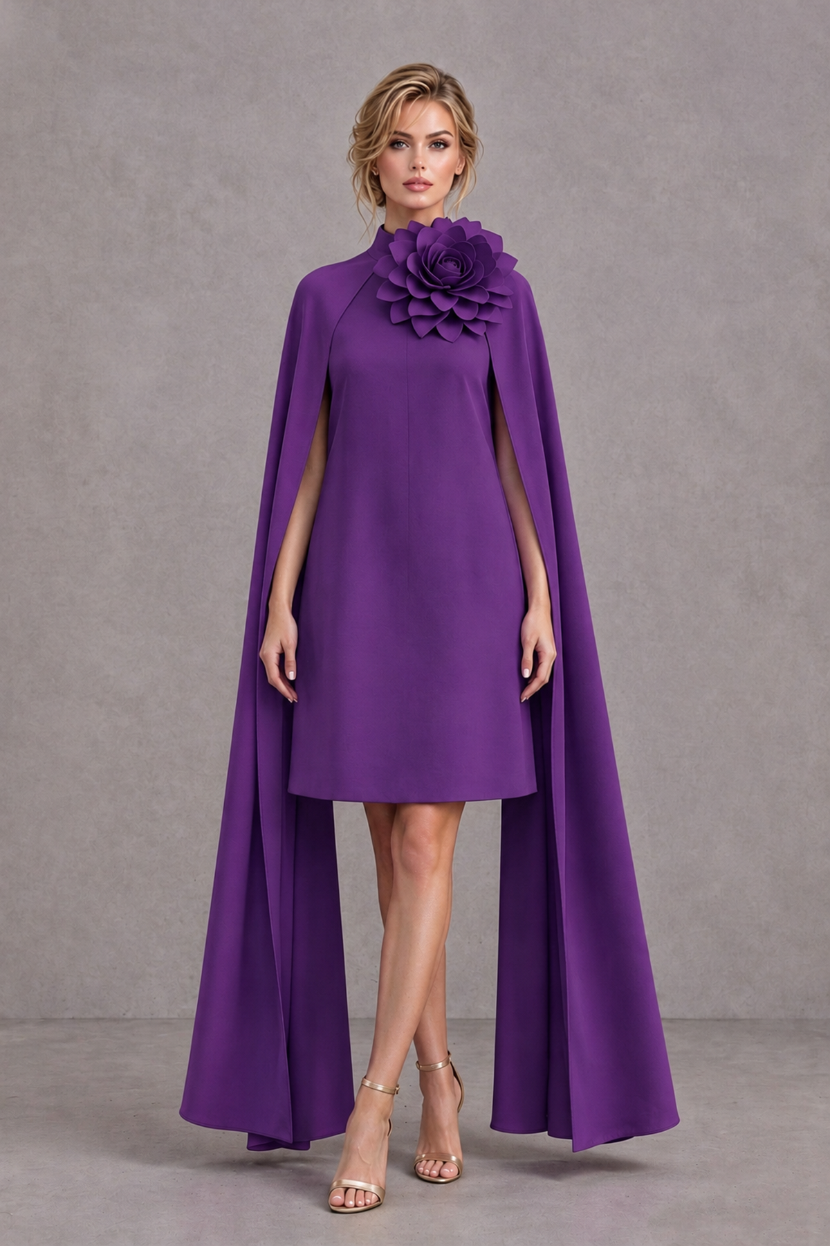 BOLODOO Purple High Neck Floral Cape Mini Cocktail Dress - Purple - Purple_2