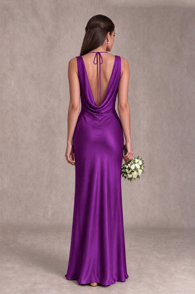 BOLODOO Purple Cowl Neck Open Back Satin Bridesmaid Dress - Purple - Purple_2