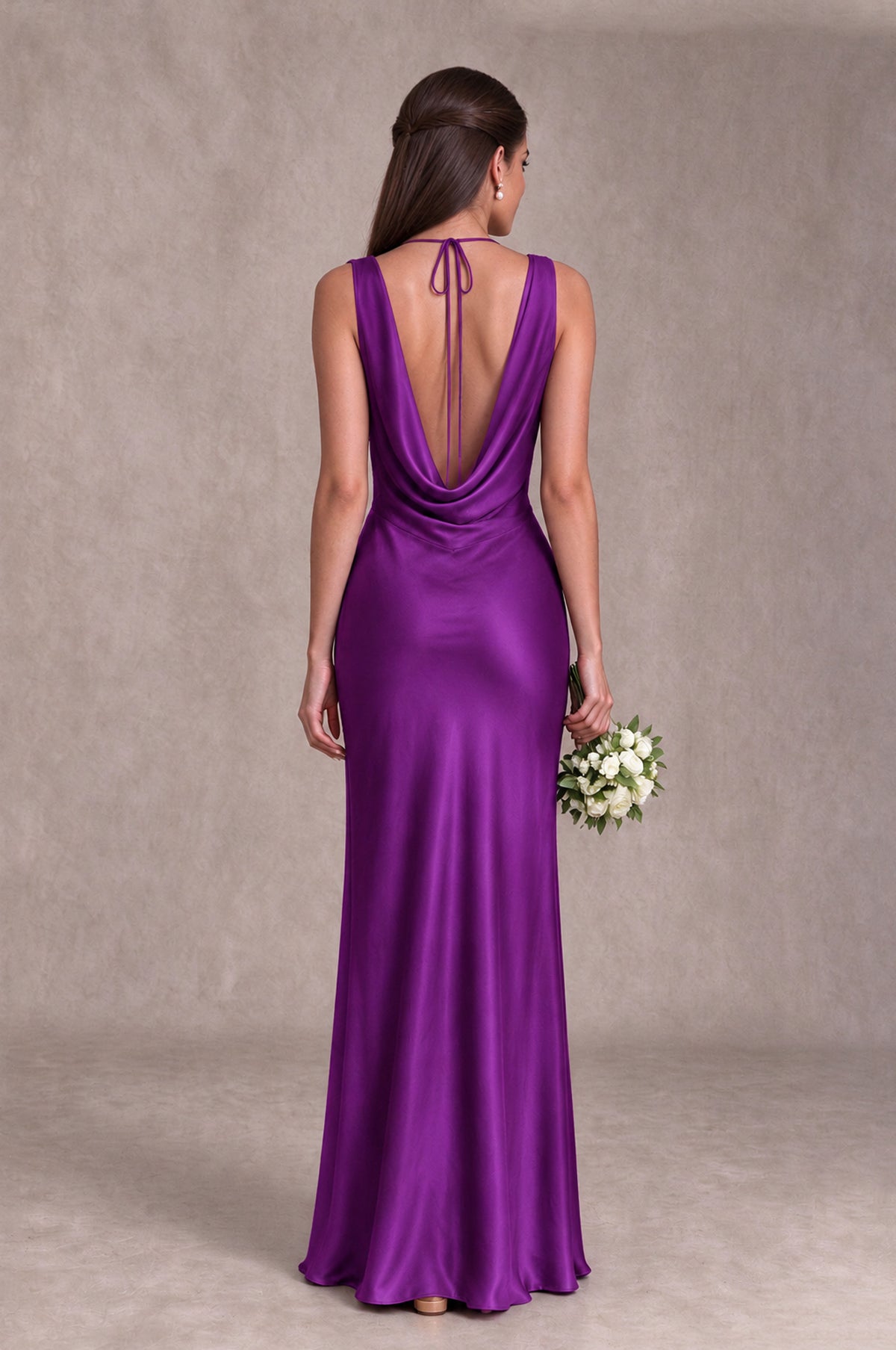BOLODOO Purple Cowl Neck Open Back Satin Bridesmaid Dress - Purple - Purple_2