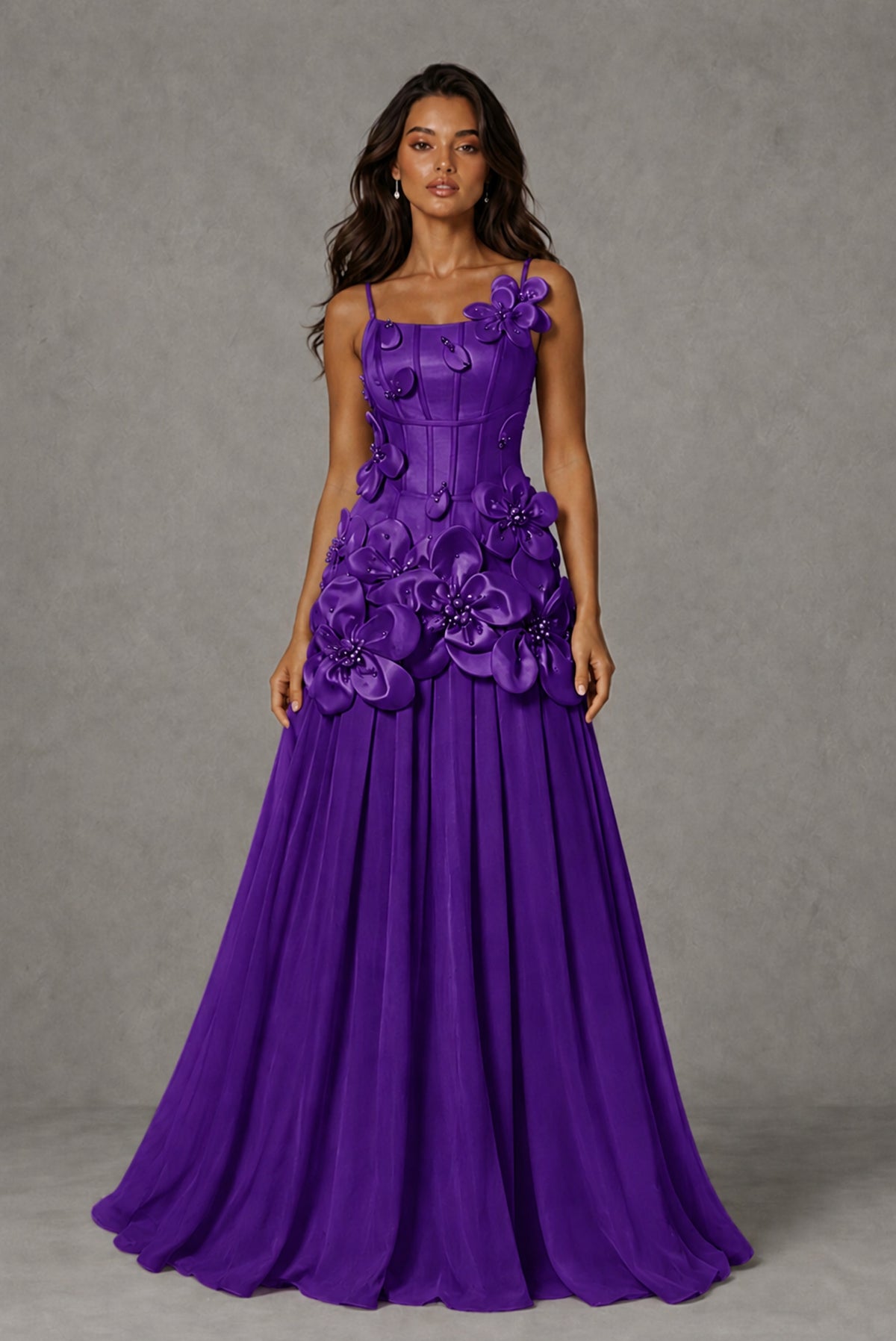 BOLODOO Purple 3D Floral Appliqué Floor-Length A-Line Evening Gown - Purple