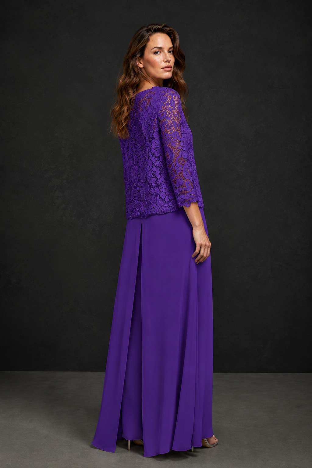 BOLODOO Purple Grey Lace Peplum Top & Wide-Leg Chiffon Pants Set | Mother of the Bride & Formal Evening Outfit - Purple