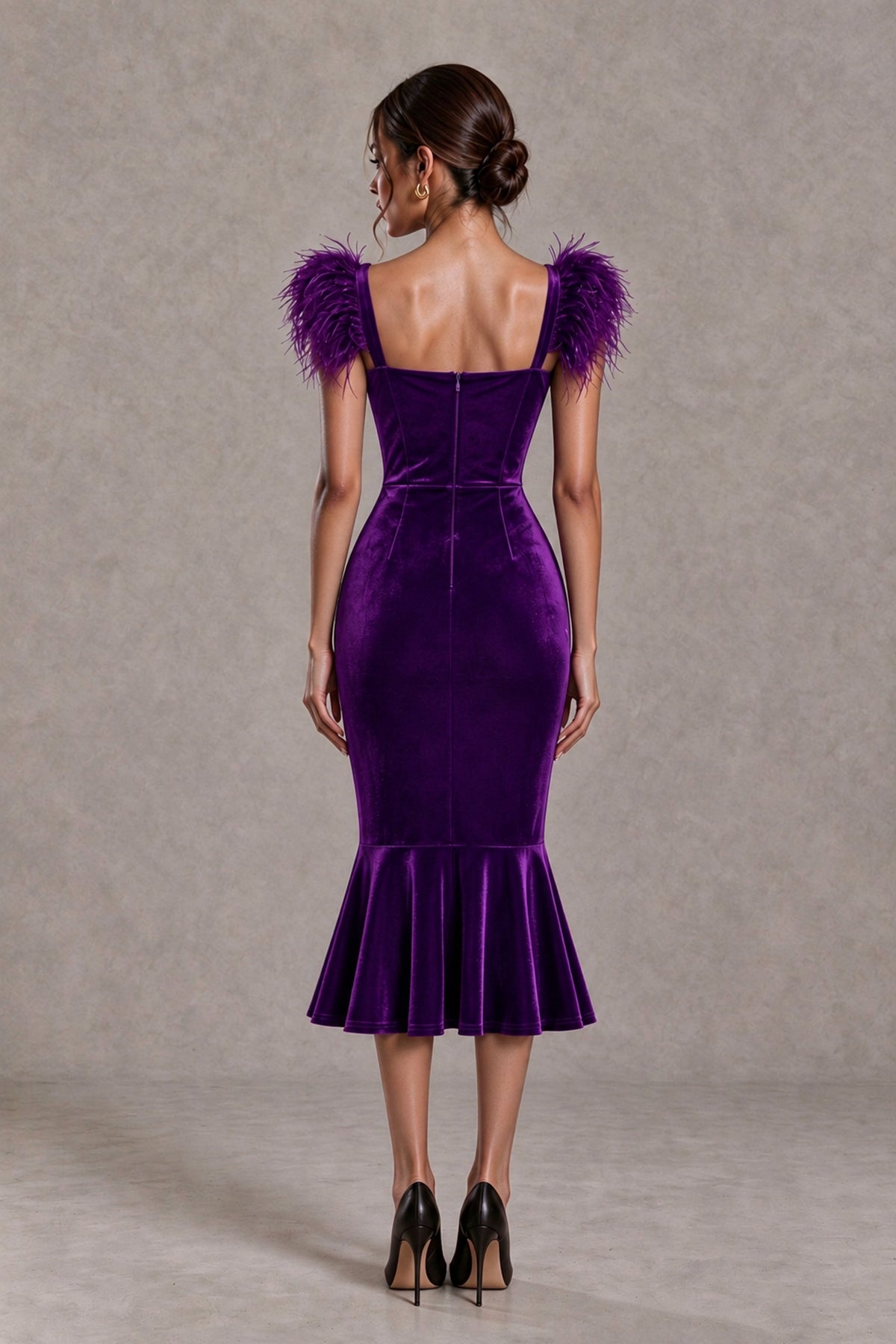 BOLODOO Purple Feather-Trim Velvet-Look Mermaid Midi Dress - Purple - Purple_2