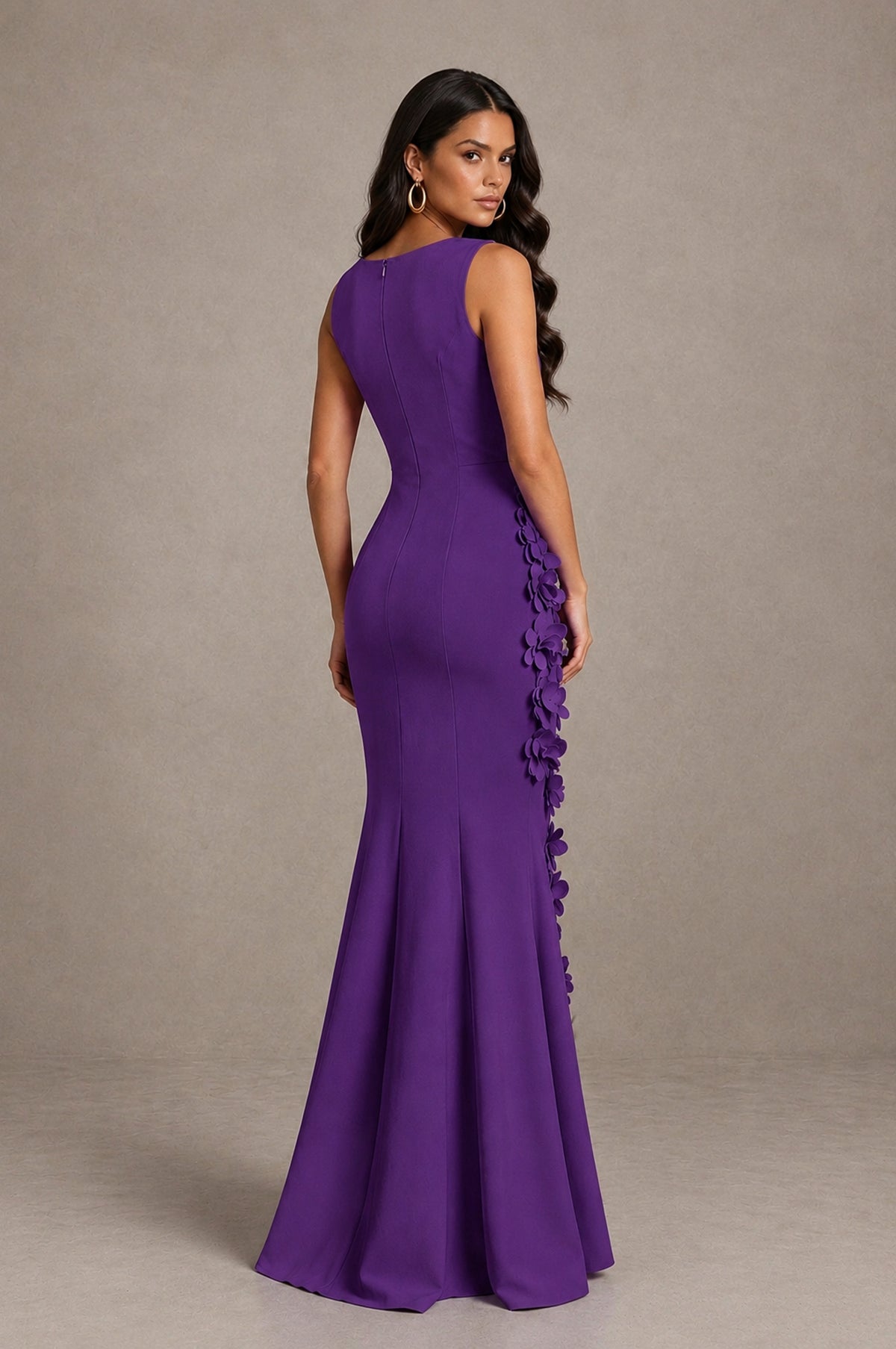 BOLODOO Purple Bateau Neck Sleeveless Asymmetric Peplum 3D Petal Appliqué Mermaid Gown BD0421 - Purple - Purple_2