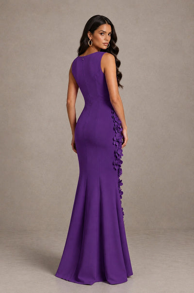 BOLODOO Purple Bateau Neck Sleeveless Asymmetric Peplum 3D Petal Appliqué Mermaid Gown BD0421 - Purple - Purple_2