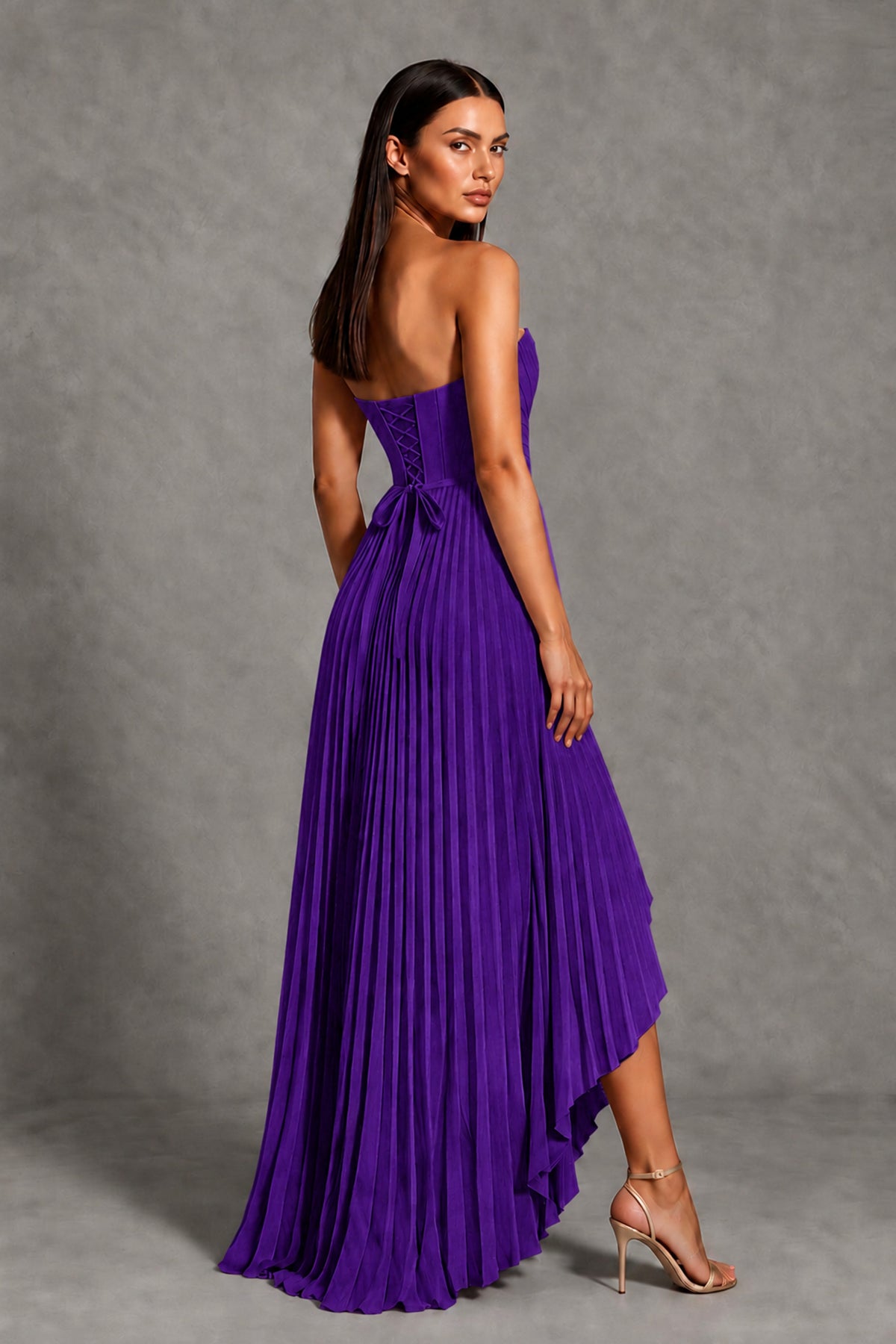Purple Strapless Pleated High-Low Evening Gown with Ruffle Hem - Purple - Purple_2