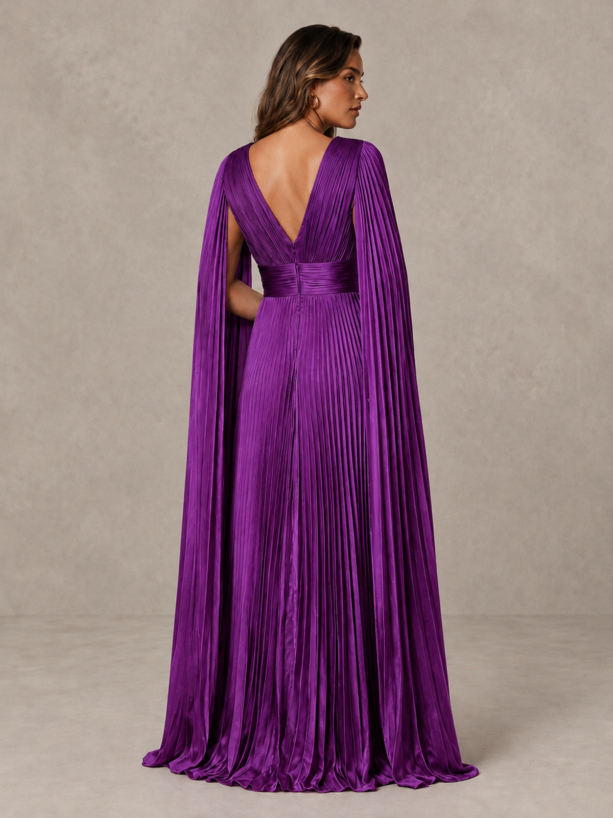BOLODOO Purple Deep V-Neck Pleated Cape Sleeve Evening Gown - Purple - Purple_2