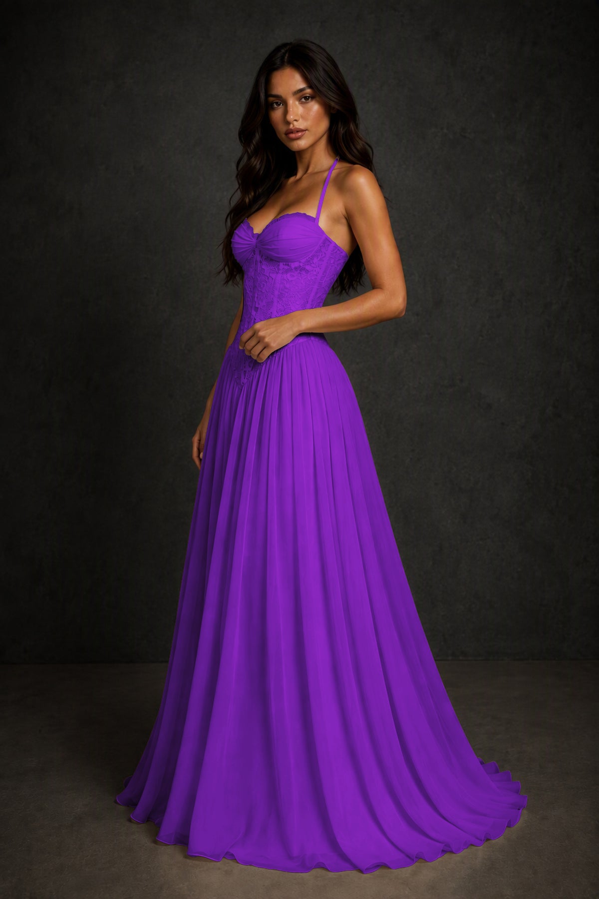 BOLODOO Purple Lace Corset Halter Maxi Gown – Backless A-Line Formal Dress - Purple