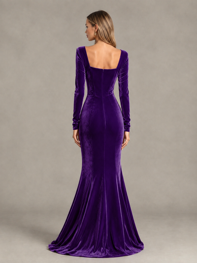 BOLODOO Purple Velvet-Look Square Neck Long Sleeve Mermaid Evening Dress - Purple - Purple_2