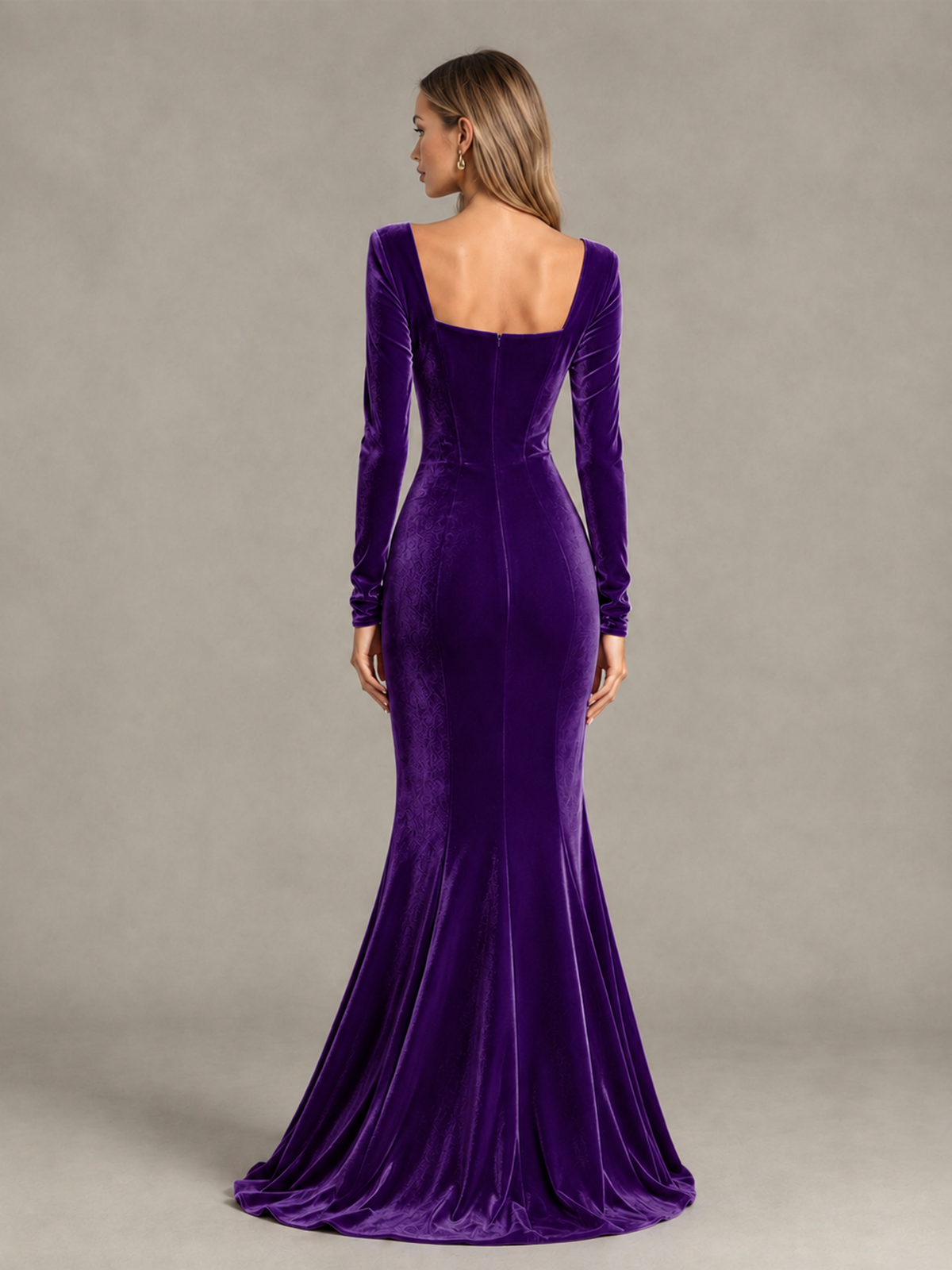 BOLODOO Purple Velvet-Look Square Neck Long Sleeve Mermaid Evening Dress - Purple - Purple_2
