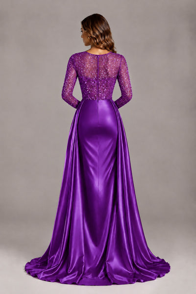 BOLODOO Purple Long Sleeve Embellished Satin Evening Gown with Sweep Train - Purple - Purple_2