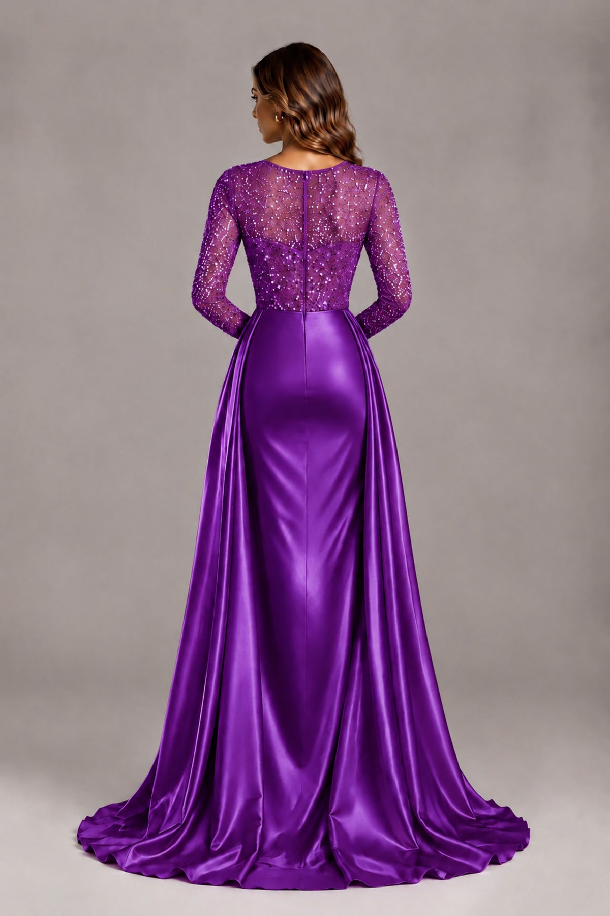 BOLODOO Purple Long Sleeve Embellished Satin Evening Gown with Sweep Train - Purple - Purple_2