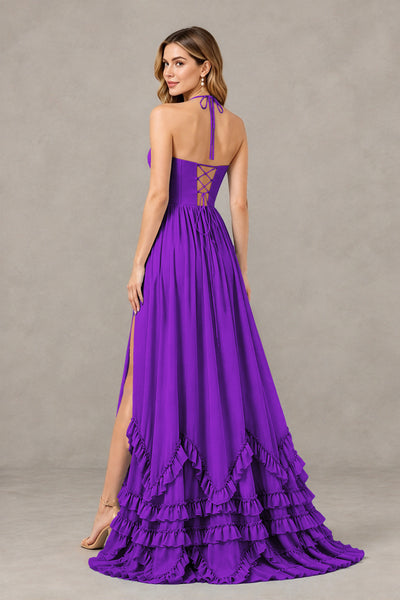 BOLODOO Purple Halter Ruffle Hem A-Line Bridesmaid Dress with High Slit - Purple - Purple(2)