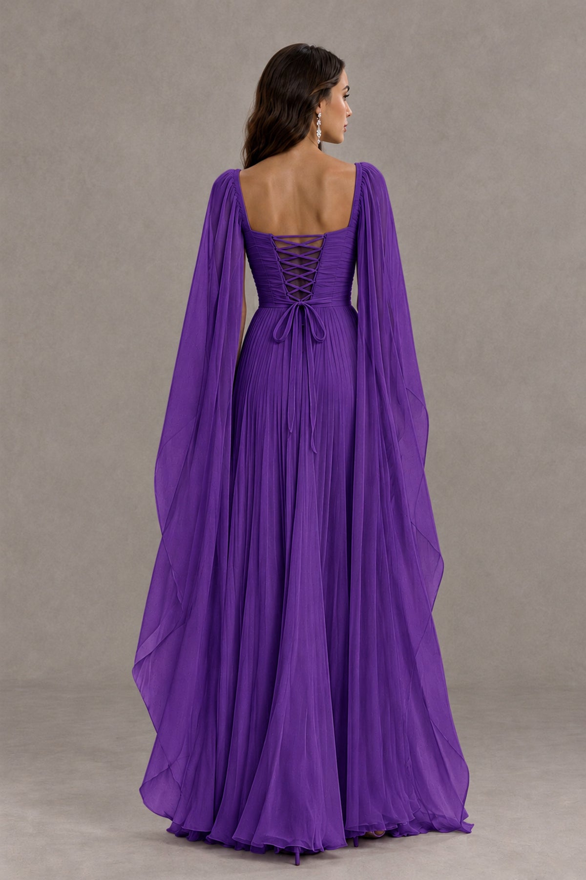 BOLODOO Purple Square Neck Cape Sleeve A-Line Evening Dress - Purple - Purple_2