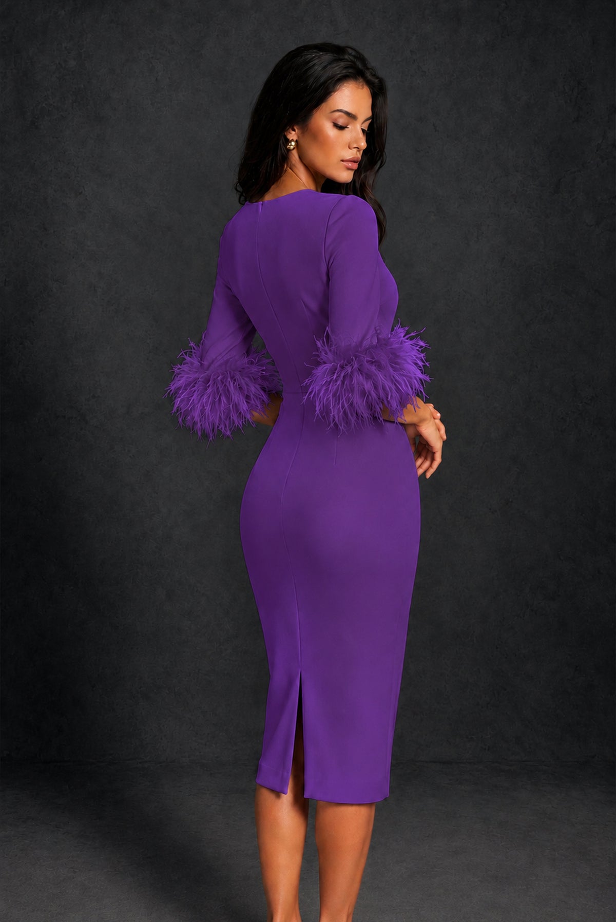 BOLODOO Purple Ostrich Feather Cuff 3/4 Sleeve Round Neck Bodycon Midi Dress with Back Slit - Purple