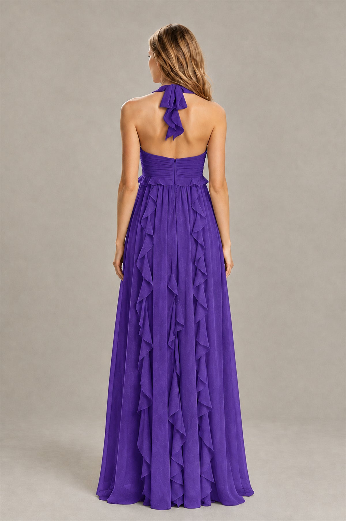 BOLODOO Purple Halter Ruffle A-Line Floor-Length Evening Dress - Purple - Purple_2
