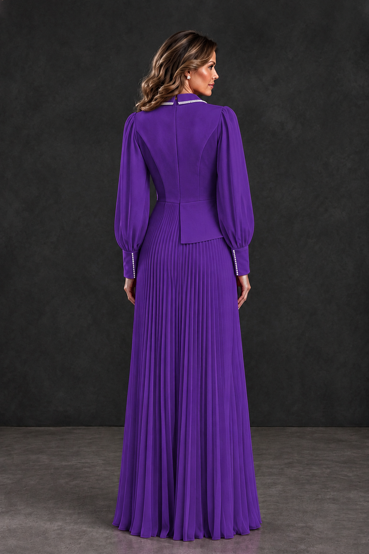 BOLODOO Purple Long Sleeve Pleated Mother of the Bride Dress - Purple - Purple_2