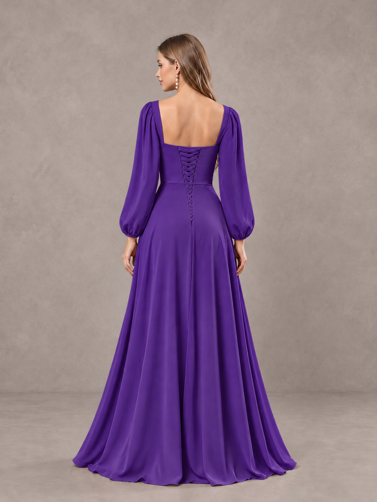 BOLODOO Purple Square Neck Long Sleeve Bridesmaid Dress with Ruffle Slit - Purple - Purple_2