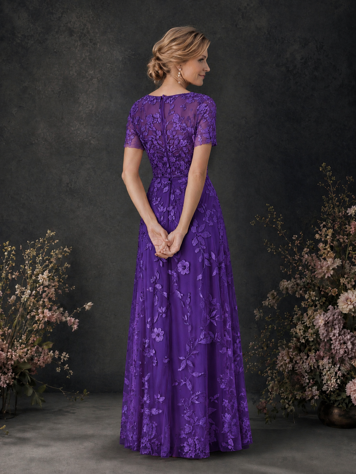 BOLODOO Purple 3D Floral Embroidered Lace V-Neck Short Sleeve A-Line Maxi Dress - Purple