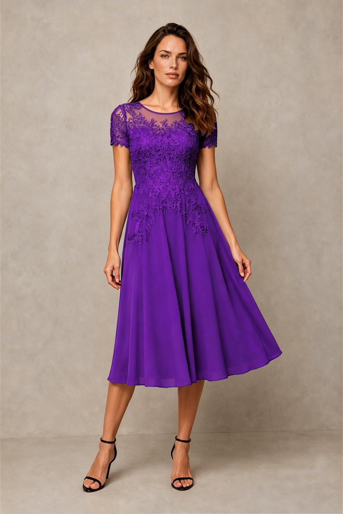 BOLODOO Steel Purple Beaded Lace Illusion Bodice Chiffon Tea-Length Dress | Mother of the Bride & Cocktail Party - Purple