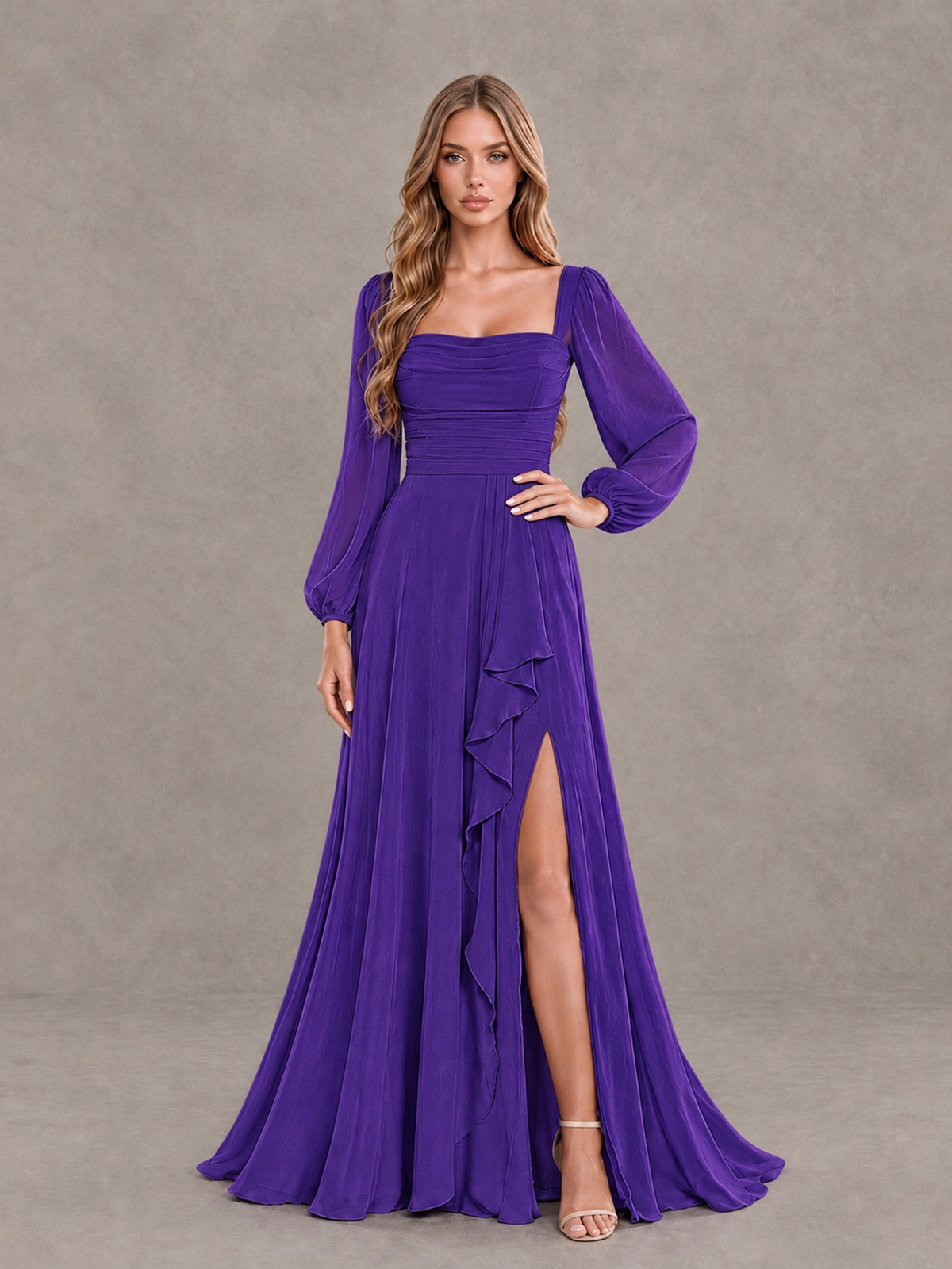 BOLODOO Purple Square Neck Long Sleeve Bridesmaid Dress with Ruffle Slit - Purple - Purple_3