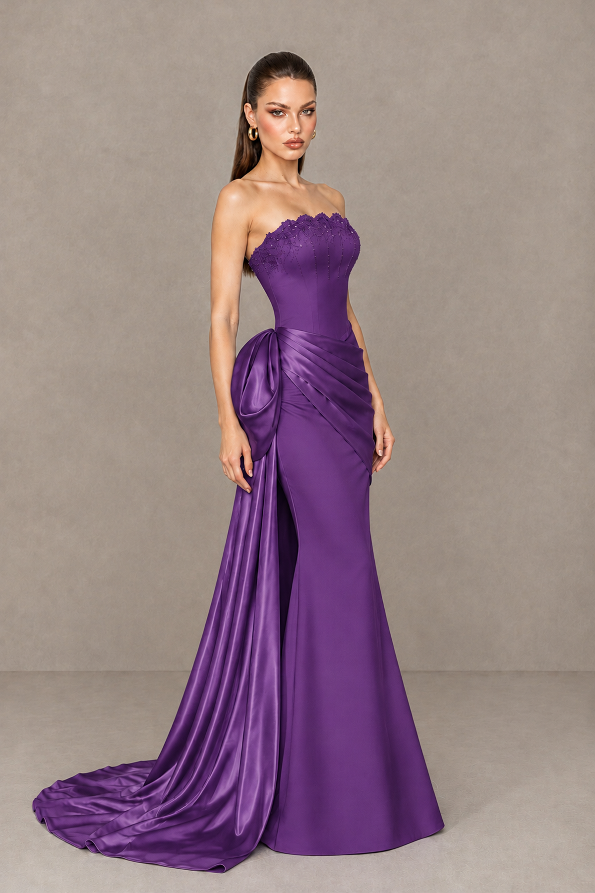 BOLODOO Purple Strapless Satin Prom Dress with Draped Side Train - Purple - Purple_3