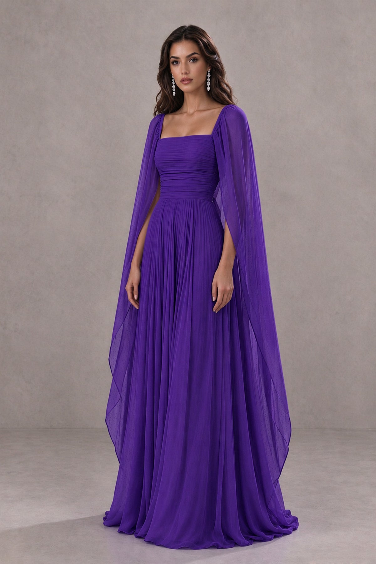 BOLODOO Purple Square Neck Cape Sleeve A-Line Evening Dress - Purple - Purple_3