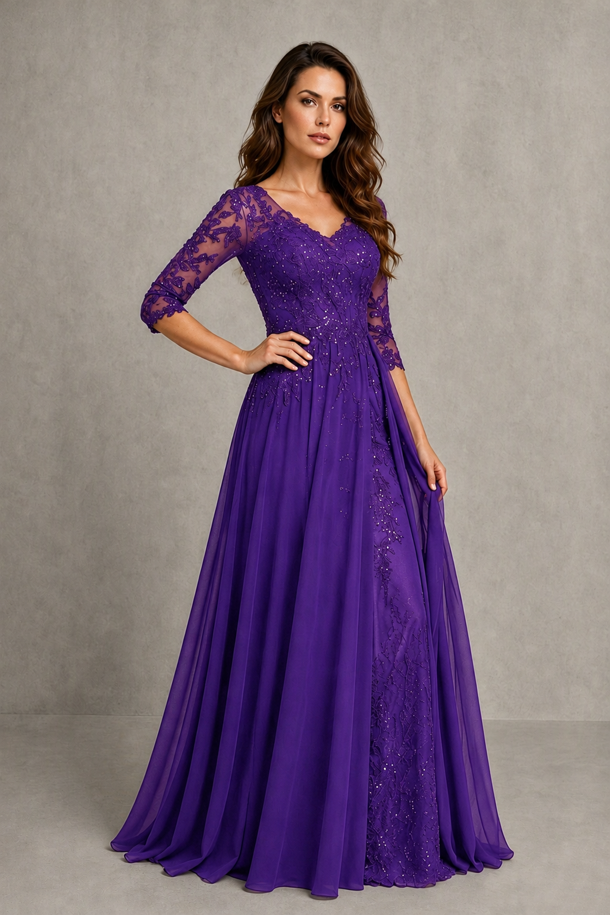 BOLODOO Midnight Purple Beaded Lace Appliqué Chiffon A-Line Gown | Mother of the Bride & Formal Evening Dress - Purple - Purple_3