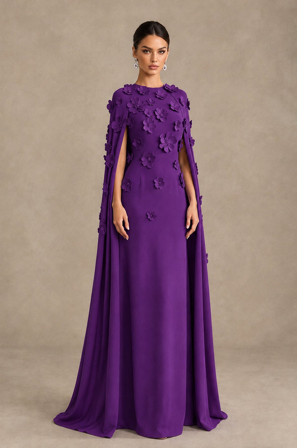BOLODOO Purple 3D Floral Applique Cape Formal Dress - Purple - Purple_3