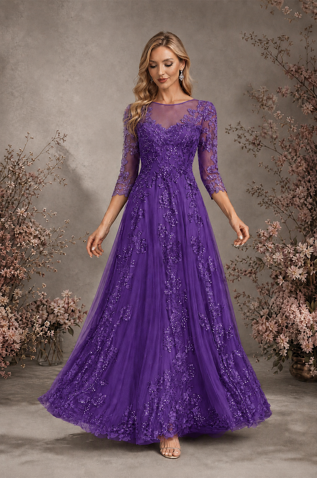 BOLODOO Purple Sequin Lace 3/4 Sleeve Open Back Formal Evening Gown - Purple