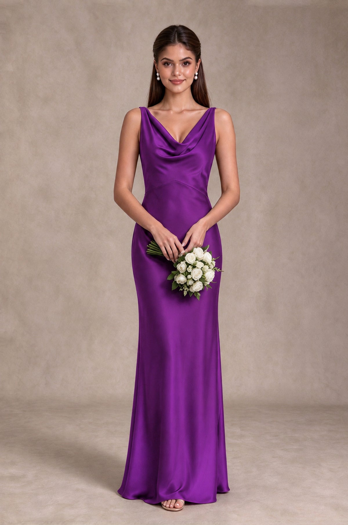 BOLODOO Purple Cowl Neck Open Back Satin Bridesmaid Dress - Purple - Purple_3