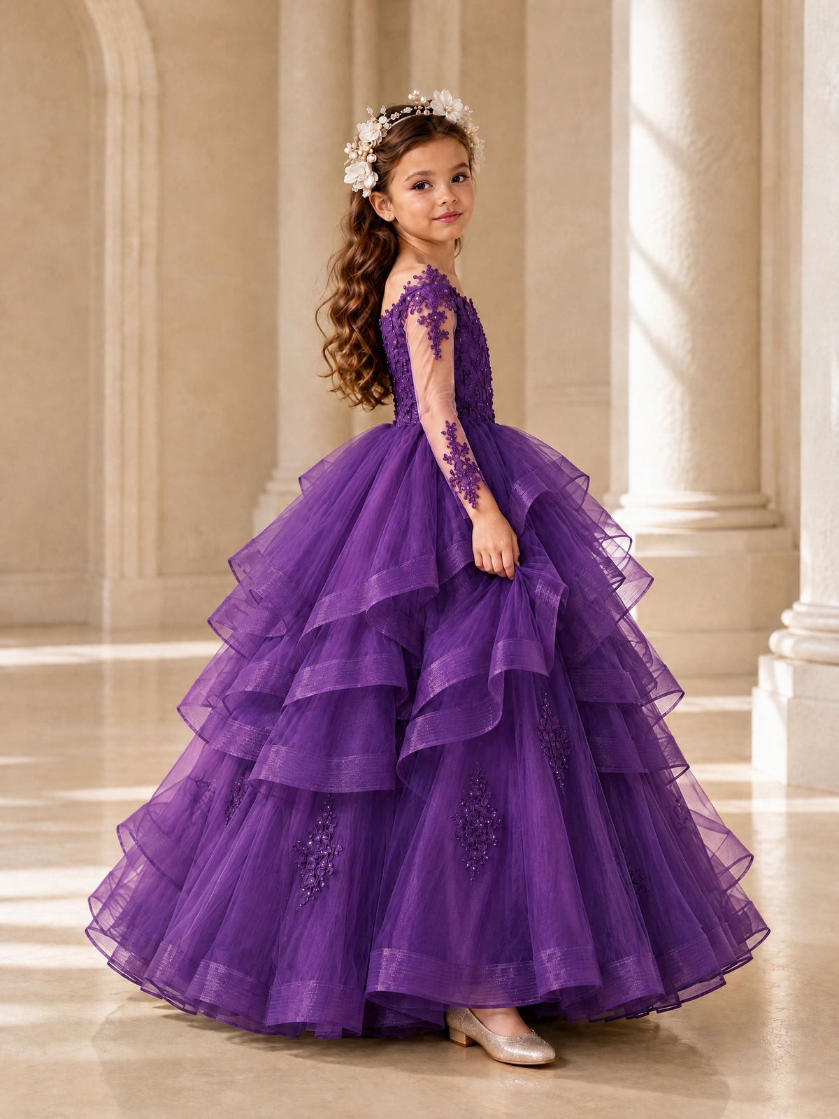 BOLODOO Purple Lace Long Sleeve Tiered Flower Girl Dress - Purple - Purple_3