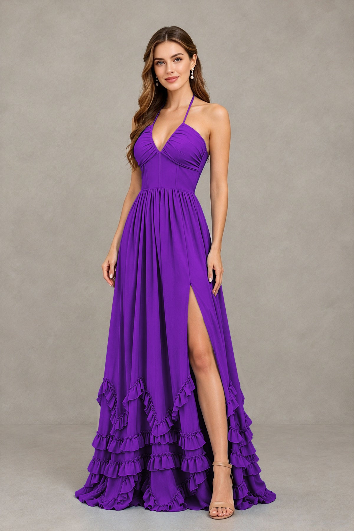 BOLODOO Purple Halter Ruffle Hem A-Line Bridesmaid Dress with High Slit - Purple - Purple(3)