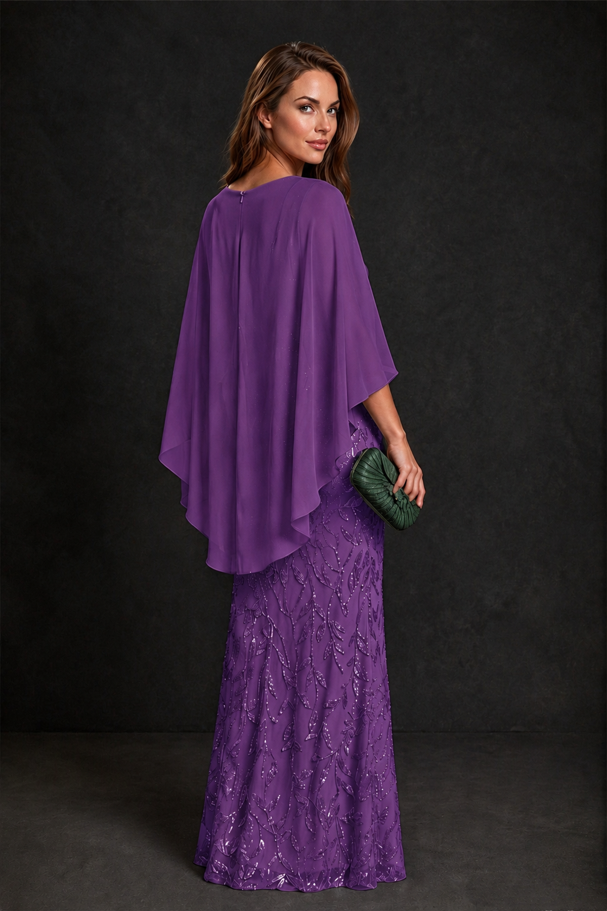 BOLODOO Purple Round Neck Chiffon Cape Overlay Sequin Lace Mermaid Maxi Dress - Purple - Purple_3
