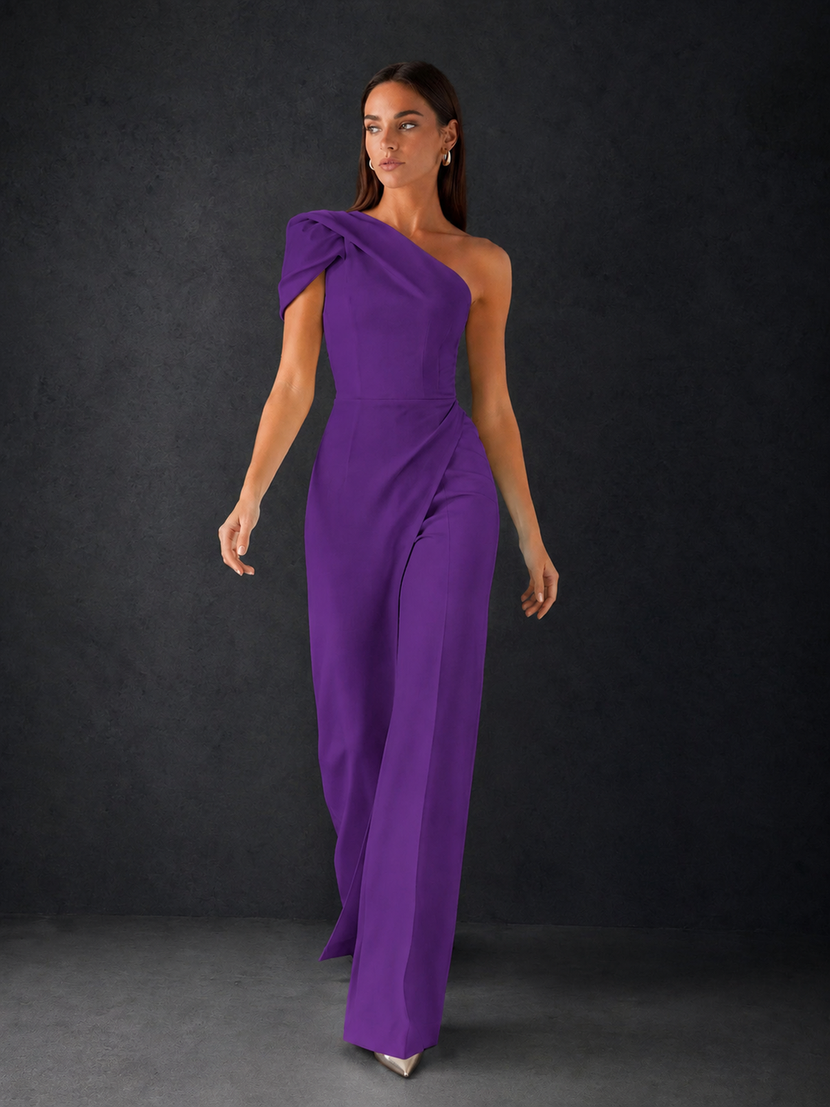 BOLODOO Purple One-Shoulder Puff Sleeve Wide-Leg Jumpsuit with Front Slit and Open Back - Purple
